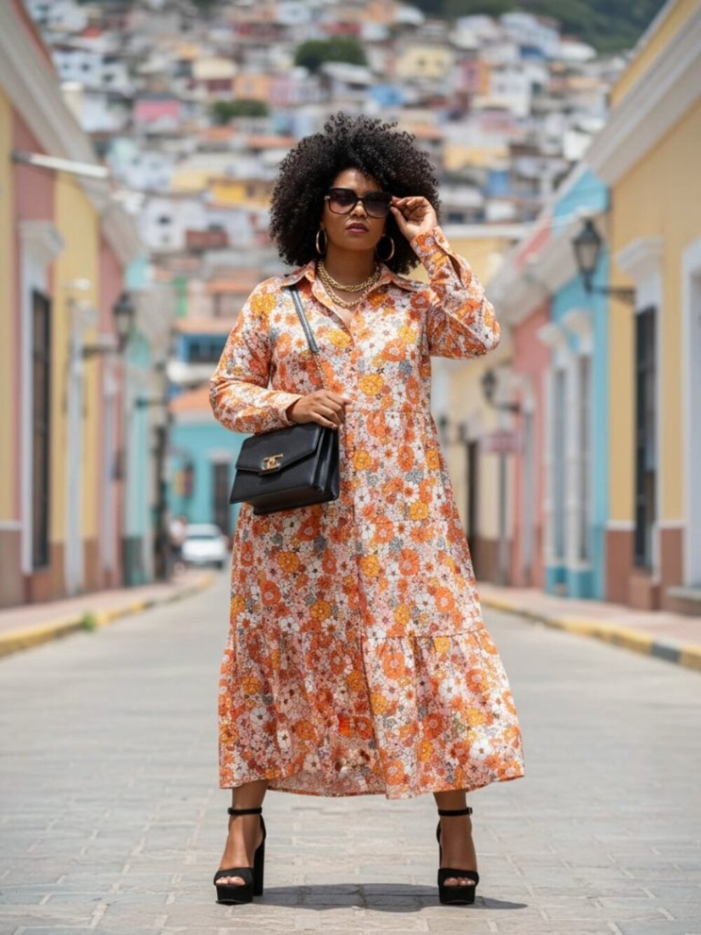 Boho Floral Button-Front Maxi Dress in Orange and Pink Size 2X